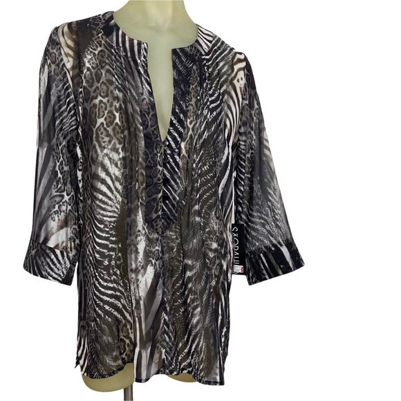Sao Paulo Brown Animal print top tunic Size Small 36 Semi Sheer Womens New $133 - Picture 1 of 6